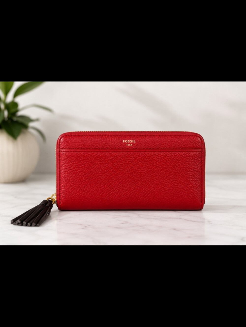 Fossil 1954 Red Grained Leather Clutch Wallet With Tassels